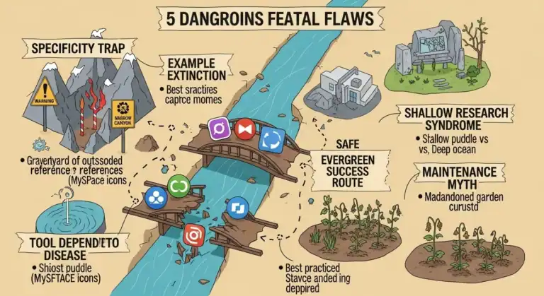 "5 Dangroins Featal Flaws" diagram illustrating common pitfalls, with "Specificity Trap" and "Shallow Research Syndrome" examples.